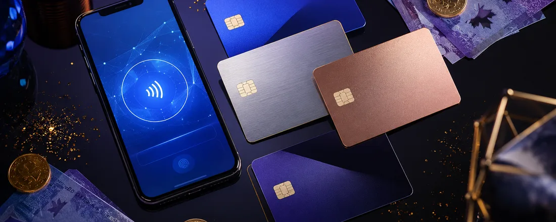 Visa, Mastercard and Interac cards arranged with smartphone NFC payment screen for Canadian players