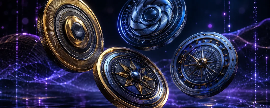 Cryptocurrency medallion-style coins on dark surface — WOW Vegas Canadian crypto deposit rail