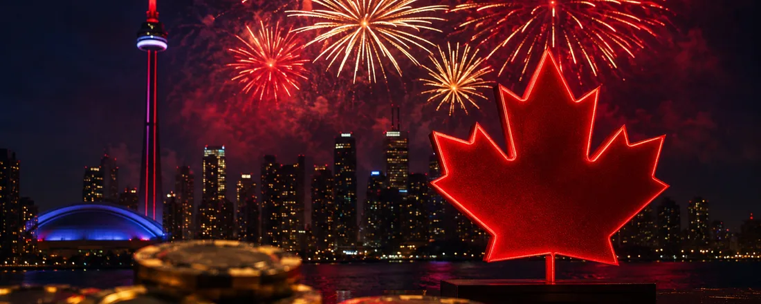Canada Day Coin Rush — fireworks over Toronto skyline with red maple leaf and gold casino chips
