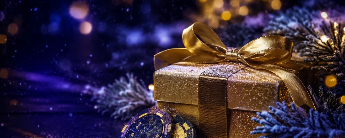 Holiday Coin Cascade — gold gift box with WOW Vegas casino chips and snow